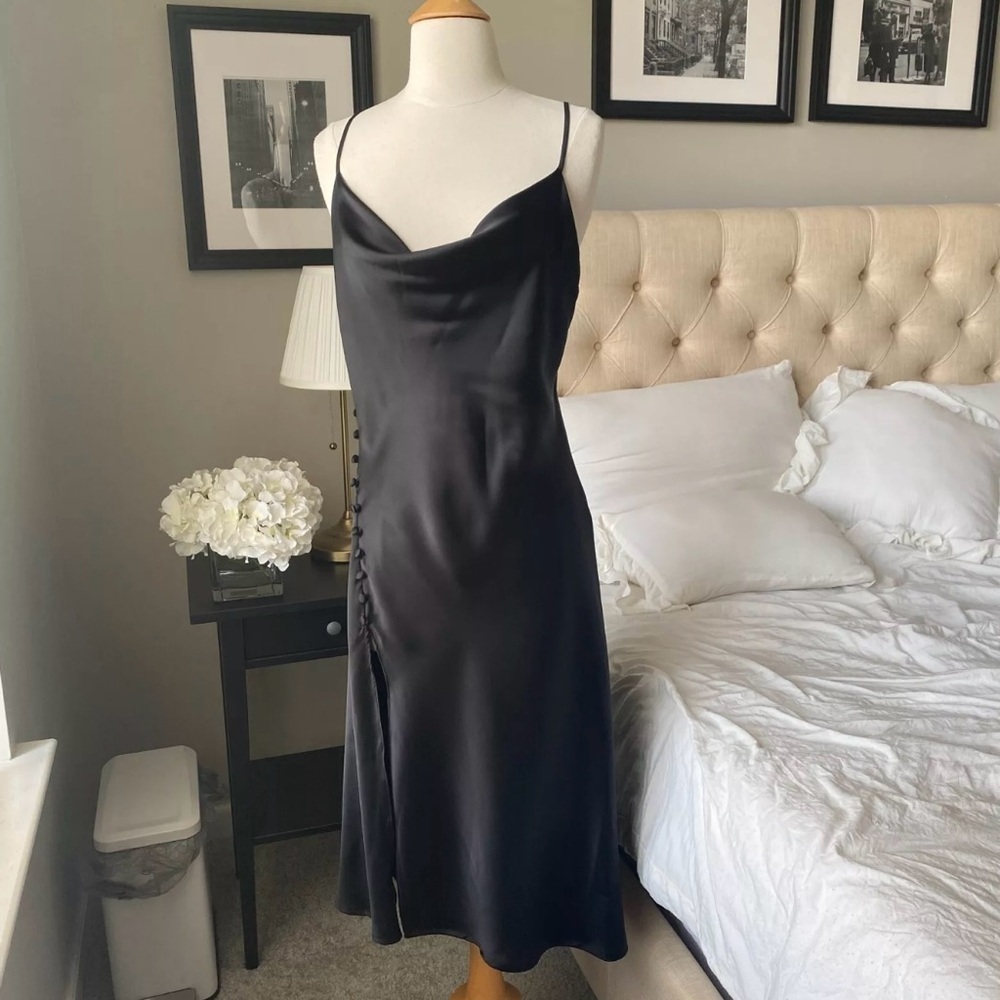 Zara black  Satin Slit Leg  slip on Midi Dress , button details, size XS